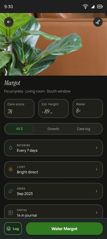 The original plant page. Under the photo, the name Margot sits over three boxes reading Care score 78, Est. height about 89cm, and Water 8d. Below them are three tabs, All 2, Growth and Care log, then four rows: Watering every 7 days, Light bright direct, Added Sep 2023, and Photos 14 in journal.